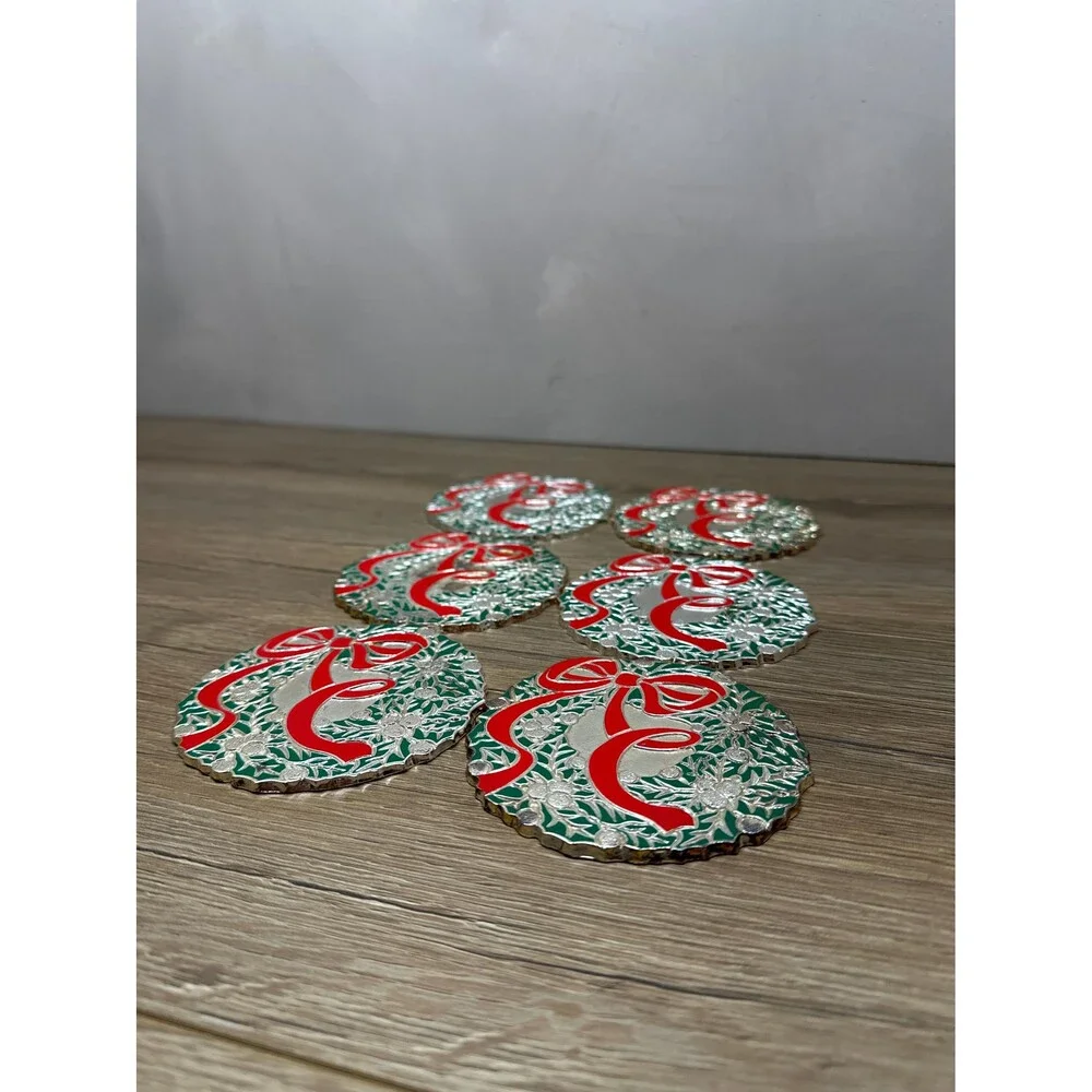 VTG Japan Silver Metal Green Enamel Wreath Red Bow Christmas Coasters Set of 6
